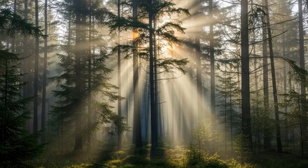 Obraz premium Ethereal sunbeams pierce through the dense canopy of a majestic woodland forest creating a