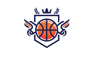 Modern Basketball Logo with Shield and Blue Leaves – Vector Design
