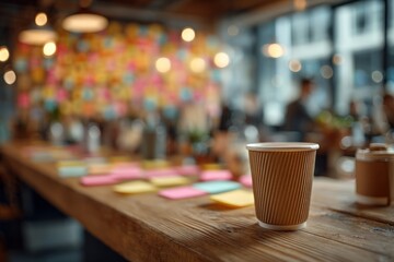 A coffee cup sits on a wooden desk, blurred office workers and colorful sticky notes in background