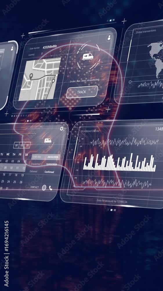 Wall mural animation of digital interface with data charts and world map in background
