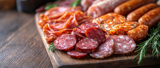 Obraz premium An assortment of sausages, salami, and ham on a wooden board is useful for advertising delicacies and gastronomic articles.