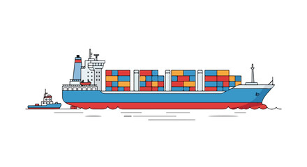 Illustrated cargo ship carrying container boxes alongside a tugboat on the water isolated on a white background