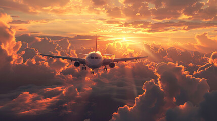 An airplane soaring gracefully above the clouds at sunset, surrounded by glowing golden light, dramatic skies, and breathtaking scenery, symbolizing freedom, adventure, dreams, and the beauty of trave