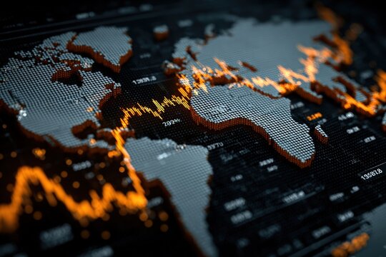 A 3D-rendered world map with vibrant data visualizations, conveying global financial market analysis