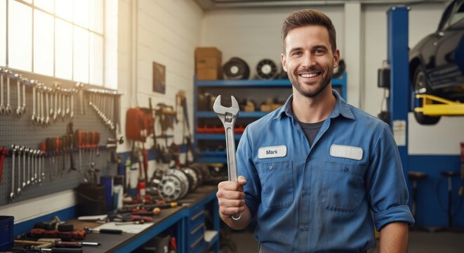 Confident mechanic posing with a wrench inside his organized automotive repair shop - Powered by Adobe