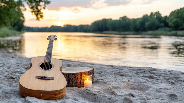 Wooden guitar rests on sandy riverbank at sunset, creating serene atmosphere - Powered by Adobe
