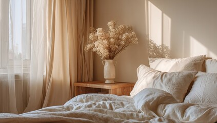 Sunlight streams into a bedroom with beige linens and dried flowers