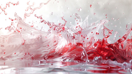Vivid splash of red liquid colliding with water, creating dramatic waves, droplets, and reflections, symbolizing energy, freshness, creativity, motion, and the captivating elegance of liquid art captu