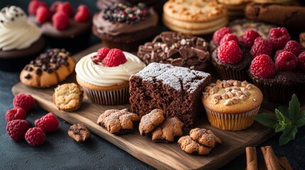 Appetizing pastries with berries and chocolate on a wooden board, perfect for food blogs and bakery advertising.