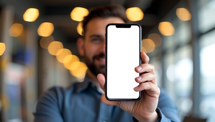 A man holding a smartphone with a blank screen, ideal for showcasing apps, websites, or marketing materials