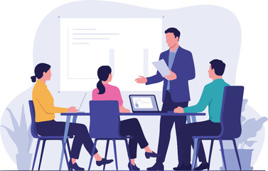 Illustration of a business meeting with presentation and team work