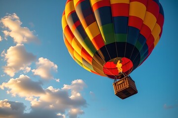 Fototapeta premium A vibrant hot air balloon soaring through a bright blue sky with fluffy clouds