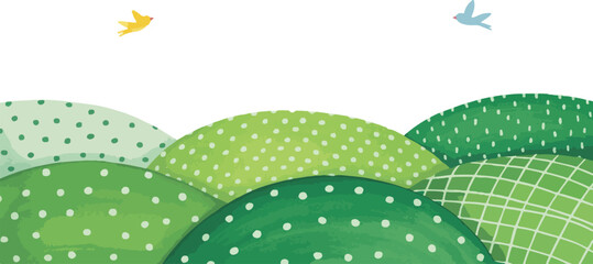 Illustration of green hills with birds flying in a white sky