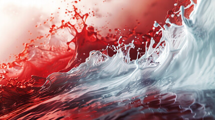 Vivid splash of red liquid colliding with water, creating dramatic waves, droplets, and reflections, symbolizing energy, freshness, creativity, motion, and the captivating elegance of liquid art captu