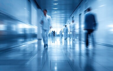 Blurred motion of people walking in a modern hallway