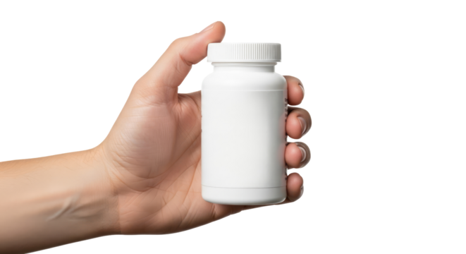a hand presents blank white pill bottle health, wellness, and branding mockup, isolated on transparent background