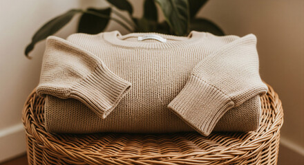 stack of folded sweater in mocha mousse background, mocha mousse background
