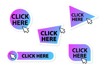 A set of stickers in a bright purple gradient sticker with text click here