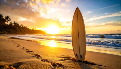 A surfboard stands on a sandy beach at sunset
