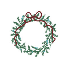 Christmas wreath made of green fir branches decorated with blue berries and brown bow. Hand drawn vector illustration isolated on white. Winter holiday decoration. Design for greeting card, invitation