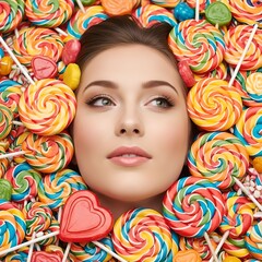 Fototapeta premium woman head surrounded by colorful lollipops and candies