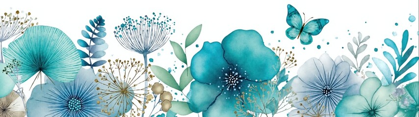 Watercolor floral border with teal and blue flowers. Artistic botanical illustration with a butterfly and gold accents. Horizontal banner design with copy space.