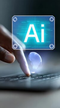 Software developer using a laptop interacts with a holographic projection of planet earth and an ai logo, symbolizing global artificial intelligence