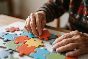 Senior wrinkled hands organizing vibrant puzzle pieces on wooden table, blurred background with warm natural light, brain exercise and Alzheimer’s prevention theme