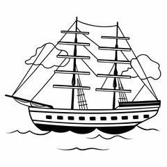 A classic sailing ship with multiple masts and sails depicted in a simple black and white line drawing style on the ocean waves