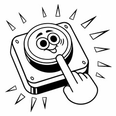 A happy cartoon finger presses a large round button with a smiling face and radiating lines indicating action or activation