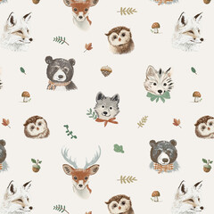 Obraz premium On a light beige background, watercolor style patterns vividly present animalimages such as foxes and deer, suitable for children's products, home decorationstationery and other related designs.