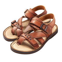 Pair of Realistic Brown Leather Sandals with Straps on Black