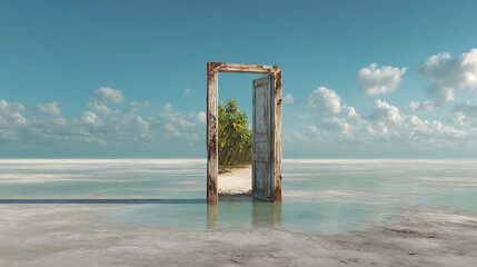 A surreal, dreamlike scene of an open door standing alone in a tranquil sea, revealing a hidden, green oasis. This fantasy concept represents opportunity and new beginnings.

