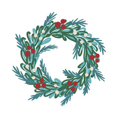 Christmas wreath made of fir branches and leaves decorated with red and white berries. Hand drawn vector illustration isolated on white. Winter holiday decoration. Design for greeting card, invitation