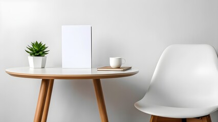Minimalist home office or living room scene with a blank invitation card mockup on a round wooden table next to a stylish white chair