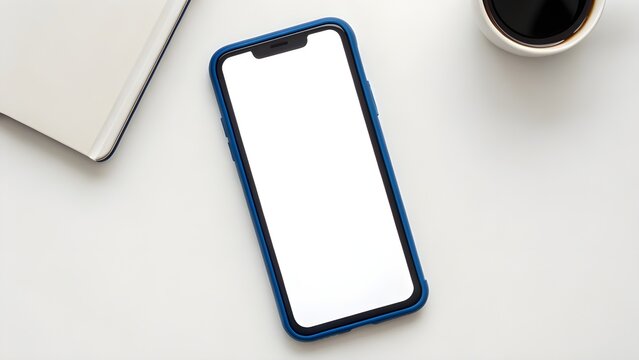 Clean white desk with a smartphone featuring a blank screen, perfect for a digital app mockup, next to a notebook and coffee, signifying modern work and connectivity