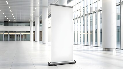 Blank roll-up banner stand mockup in a modern, bright, and spacious exhibition hall or corporate lobby, perfect for advertising and promotional display design