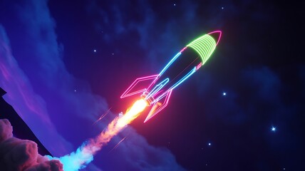 Obraz premium Neon rocket launch from open hand symbolizing business startup success 