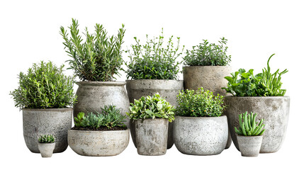 Fototapeta premium Set of Rustic Stone Planter Pots in Various Shapes and Sizes Filled with Green Potted Plants isolated on a transparent backgroun