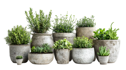 Set of Rustic Stone Planter Pots in Various Shapes and Sizes Filled with Green Potted Plants isolated on a transparent backgroun