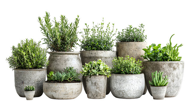Set of Rustic Stone Planter Pots in Various Shapes and Sizes Filled with Green Potted Plants isolated on a transparent backgroun