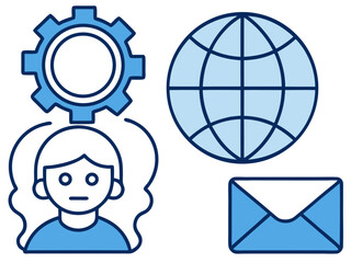 Conceptual illustration of a person with a gear above their head representing ideas alongside a globe and an envelope symbolizing communication and global reach