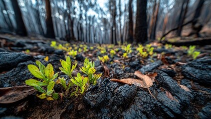 Obraz premium New life sprouts from charred forest floor