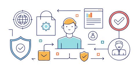Conceptual illustration of a secure digital workflow with user verification data analysis and protection elements
