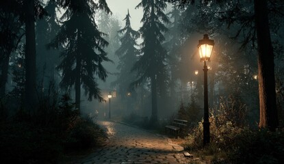 Foggy, illuminated path through a dark forest