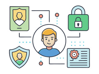 Digital identity protection and security concept with user profile shields padlock and personal data document illustration