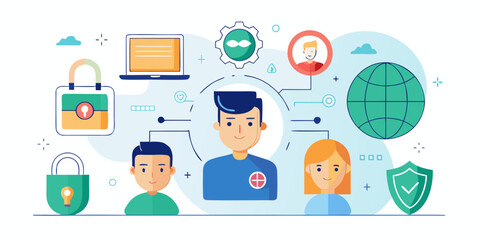 Digital security and privacy concept with interconnected people laptop globe locks and shield icons