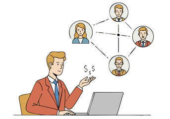 A businessman gestures towards a laptop screen, connecting with colleagues via video call. Illustrates luxury deals and networking. Modern, clean design.