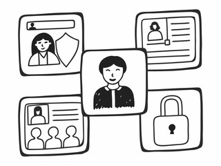 Doodle illustration of personal data security and identity management concept with user profiles and a lock icon