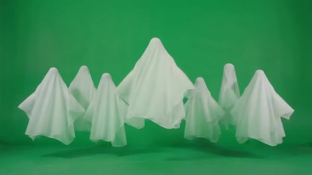 Eight white sheet ghosts floating against a solid green screen background in studio shot halloween ghost green screen video